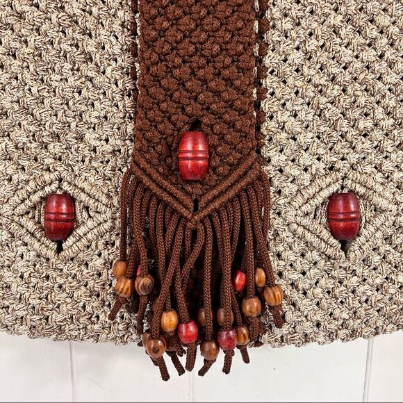 Vintage Handmade Boho Macrame Shoulder Bag Purse Wood Beads Tassels Brown Tan - Picture 3 of 7